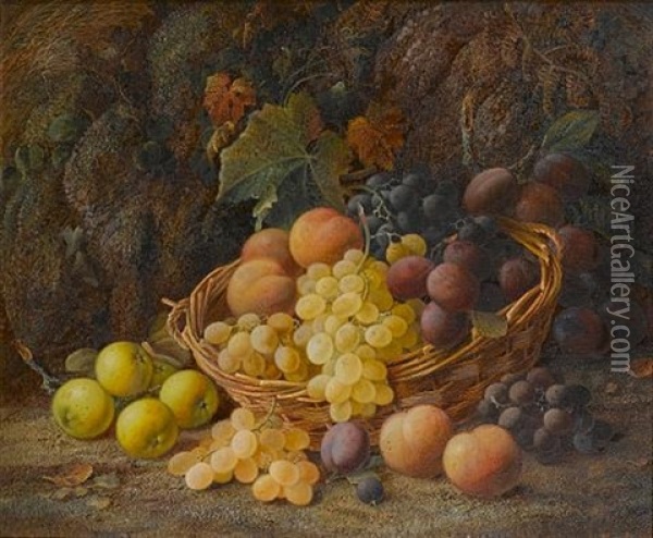 Still Life Of Mixed Fruit In A Basket, On A Mossy Bank Oil Painting - Vincent Clare