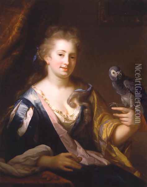 Portrait of a Lady feeding a parrot Oil Painting - Godfried Schalcken