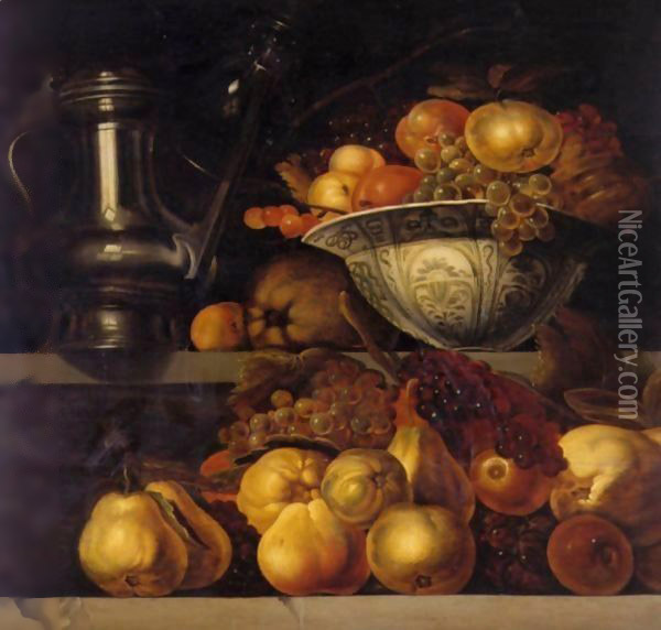 Still Life Of Fruit Resting On A Ledge, With A Wan-Li Porcelain Bowl Filled With Fruit And A Pewter Jug Resting On A Ledge Above Oil Painting - Jan Davidsz. De Heem