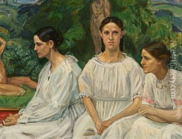 Portrait Of The Danish Painter Joakim Skovgaard's Three Daughters, Eline, Agnete And Georgia Oil Painting - Johannes Kragh