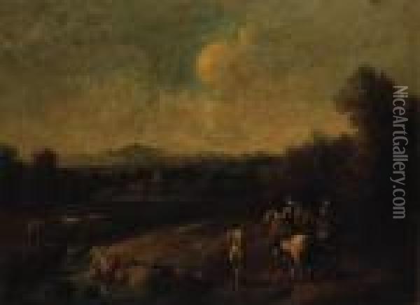 A Wooded River Landscape With Huntsmen On A Track Oil Painting - Francesco Simonini