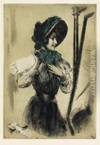 Jeune Femme Nouant Le Ruban De Son Chapeau. Oil Painting - Armand Berton