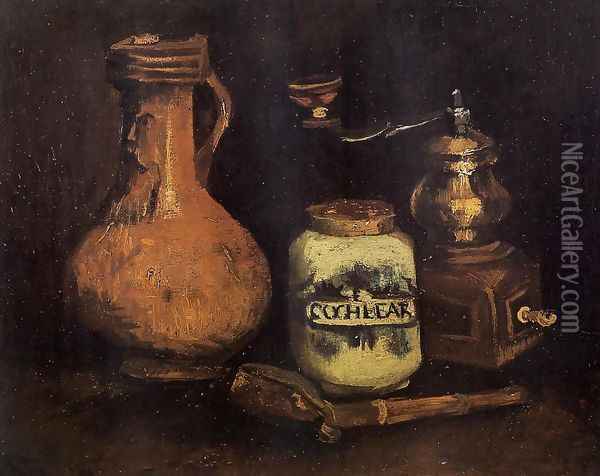 Still Life With Coffee Mill Pipe Case And Jug Oil Painting - Vincent Van Gogh