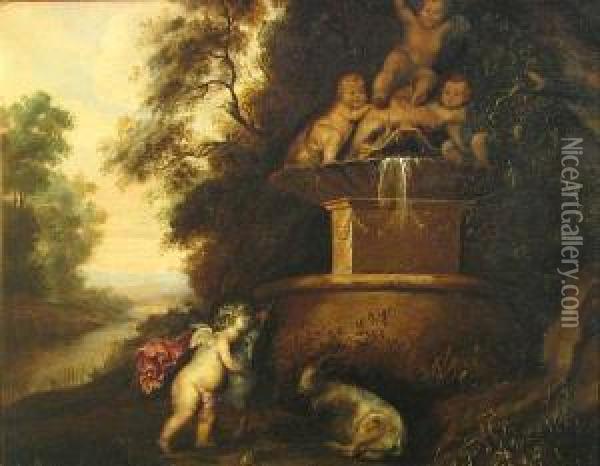 A Putto Playing With A Goat Before Afountain Oil Painting - Petrus Van Hattich