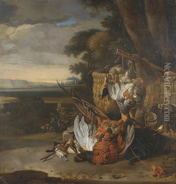 A Hunt Still Life With A Dead 
Pheasant, Grouse, Songbirds, Kingfisher And Other Birds, With A Horn, 
Basket, Net And Musket, Before A Tree, A View To An Extensive Landcsape 
Beyond Oil Painting - Melchior de Hondecoeter