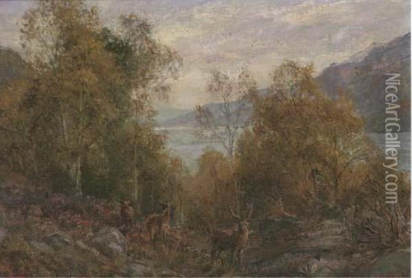 A Stag And Hinds In A Loch Landscape Oil Painting - Arthur Trevor Haddon
