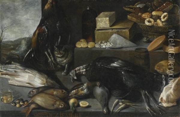 An Allegory Of The Month Of December, With A Cat And A Still Life Of Fowl, Fish, Sweetmeats And Chocolate On A Stone Ledge Oil Painting - Francisco Barrera