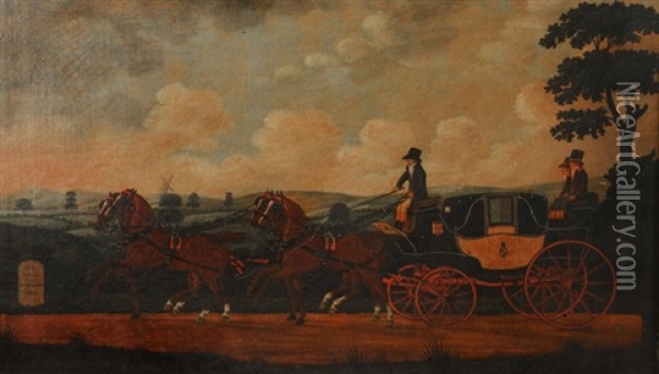 A Coach And Four About To Pass A Milestone Oil Painting - John Cordrey