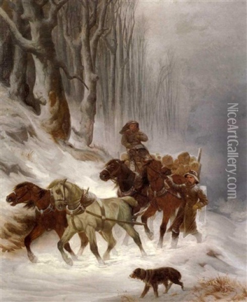 Winter Landscape With Figures And A Dog Beside A Team Of Horses Oil Painting - Peter Moran