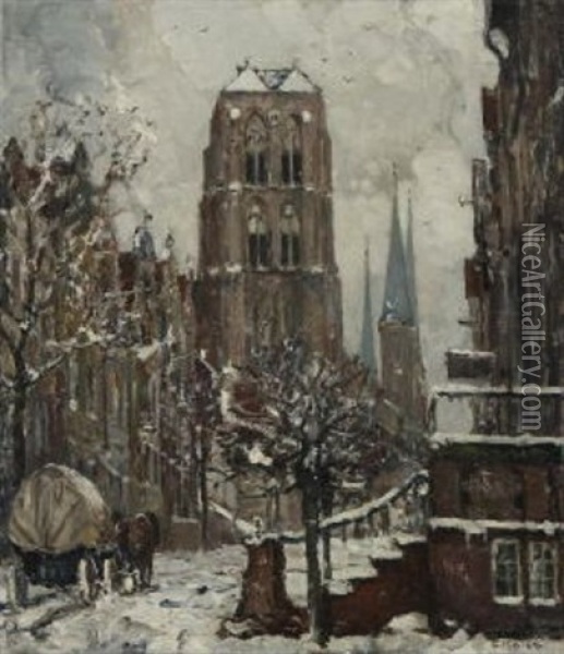Danzig - Winterliche Stadtansicht Mit Blick Auf Die Marienkirche Oil Painting - Ernst Kolbe