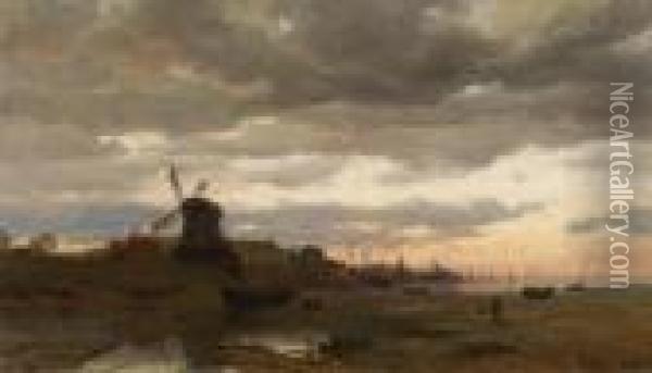 Dutch Landscapewith Harbour Oil Painting - Ludwig Willroider
