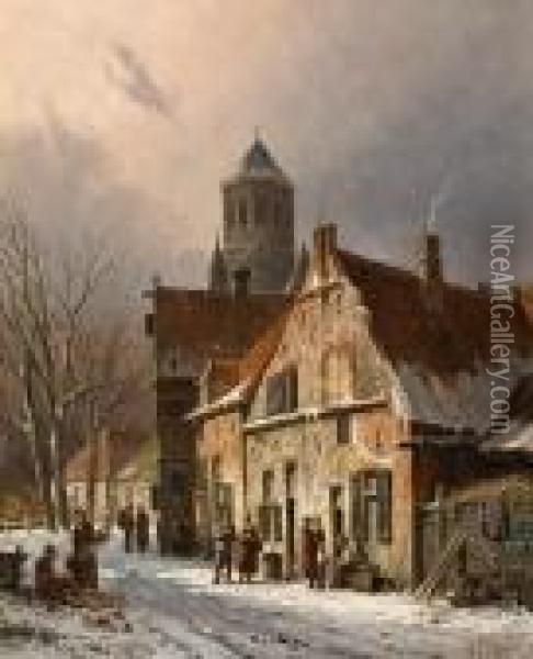 A Village Street In Winter Oil Painting - Adrianus Eversen