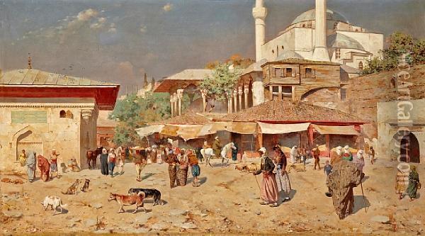 A Busy Street Outside Of A Mosque Oil Painting - Odoardo Toscani