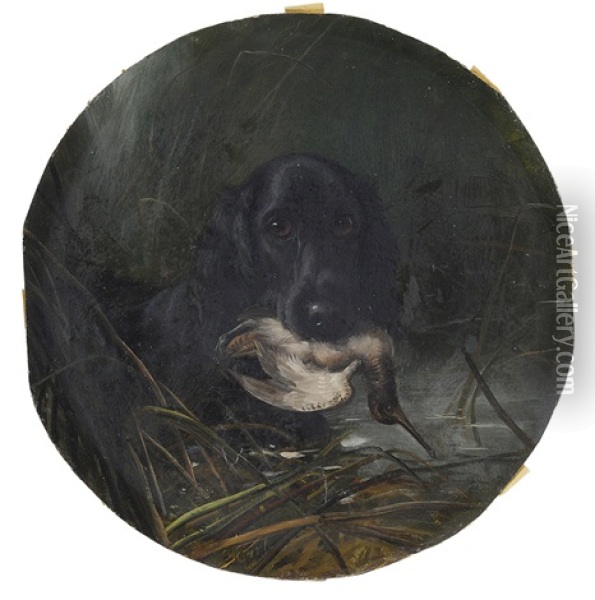 Flat-coated Retriever With Woodcock Oil Painting - George Earl