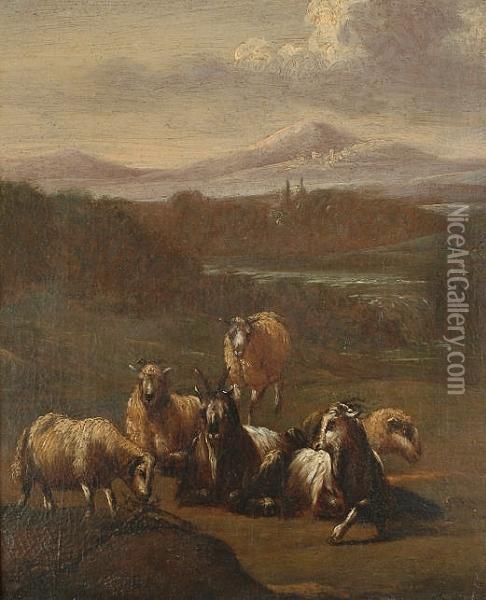 Sheep And Goats In A Landscape, With Mountains Beyond Oil Painting - Pieter Goos