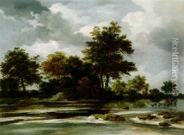 River Landscape With A Shepherd And His Flock Oil Painting - Jacob Van Ruisdael