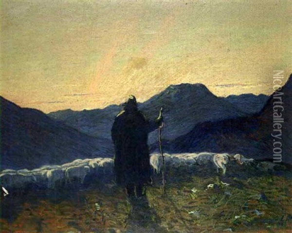Schafhirte In Walliser Landschaft Mit Mischabel Oil Painting - Oscar Wilhelm Luethy