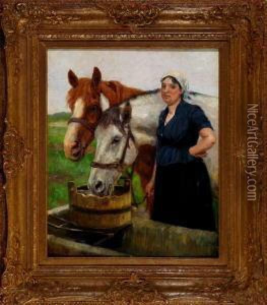 Bauerin Mit Zwei Pferden An Der Tranke Oil Painting - Johann Daniel Holz