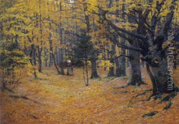 Reisigsammlerin Im Herbstlichen Buchenwald Oil Painting - Robert Franz Curry
