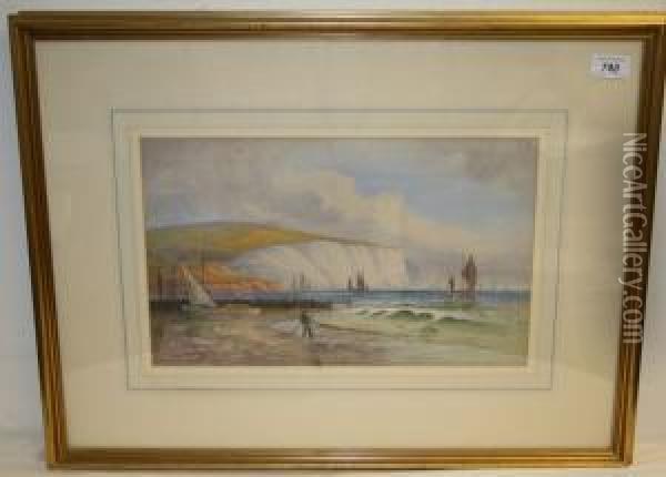 Cliff Views With Fishermen And Harbour View Oil Painting - Frances E. Jamieson