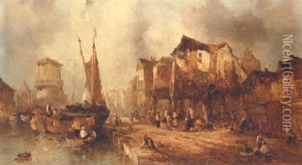 A Continental Harbour Oil Painting - Alfred Montague