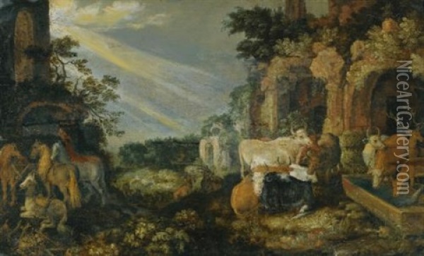 Paradise Landscape With Horses, Cows, Goats And Herders Oil Painting - Roelandt Savery