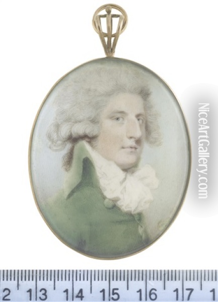 A Gentleman, Wearing Bright Green Coat And Voluminous Frilled White Cravat, His Wig Powdered Oil Painting - Charles Shirreff