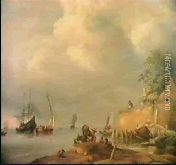 A Coastal Landscape With Figures Unloading A Rowing Boat    Near Cattle In The Foreground And A Sailing Vessel Being Oil Painting - Jan van Os