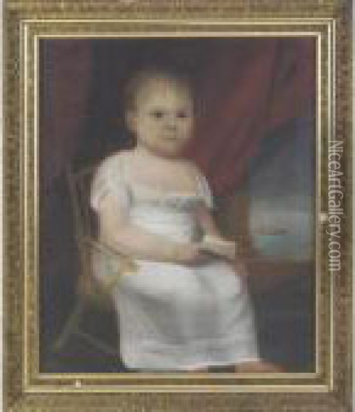 Portrait Of A Child In White Dress Seated In Yellow Painted Arm Chair Oil Painting - William Owen