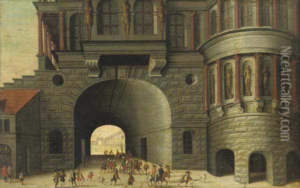 An Architectural 'capriccio' With Figures Passing Through An Archway Oil Painting - Paul Vredeman de Vries
