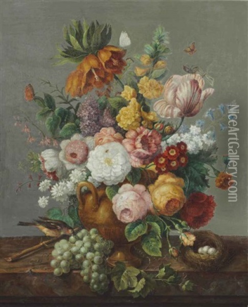 Still Life Of Flowers In A Vase With A Bird And Nest On A Ledge Oil Painting - Joseph Nigg