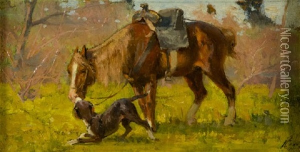 Cavallo E Cane Oil Painting - Eugenio Cecconi