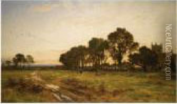 The Close Of Day, Worcestershire Meadows Oil Painting - Benjamin Williams Leader