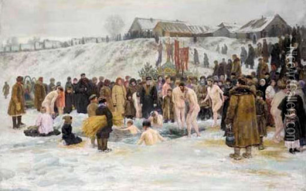 Bathing After The Blessing Of The Waters On The Sixth January, Feast Of The Epiphany Oil Painting - Nikolai Karlovich Grandkovskii