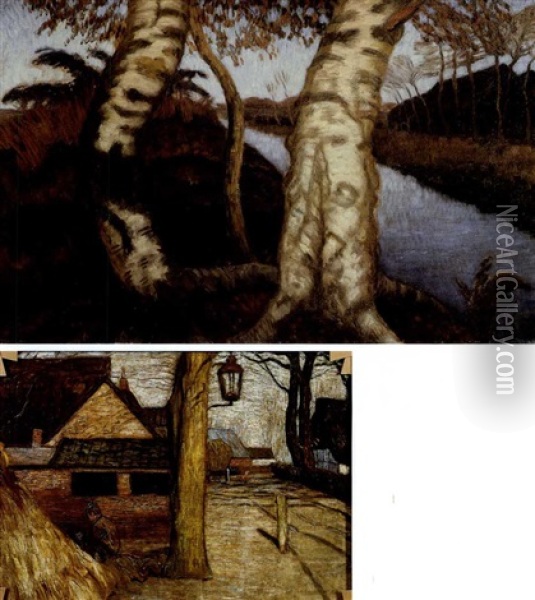 Birken Am Moorkanal (+ Dorfstrase In Fischerhude, Circa 1910, Verso) Oil Painting - Otto Modersohn