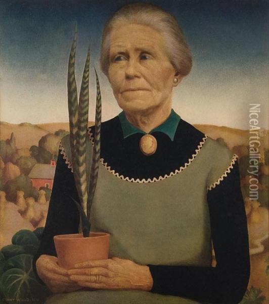 Woman With Plant Oil Painting - Grant Wood
