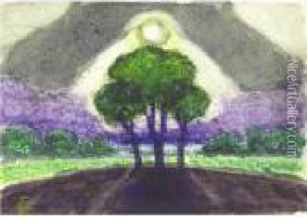 Irvington, New Jersey (three Trees) Oil Painting - Oscar Bluemner