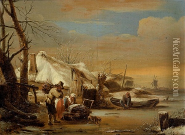 Winterlandschaft Mit Einem Dorf An Einem Zugefrorenen Wasserlauf Und Bauern Oil Painting - Jan Van De Cappelle
