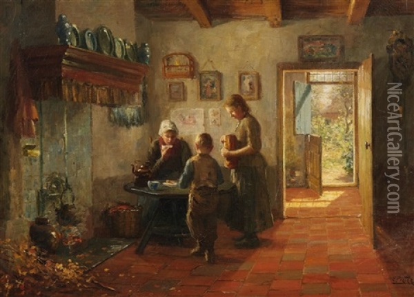 Dutch Interior With Mother And Children Oil Painting - Evert Pieters