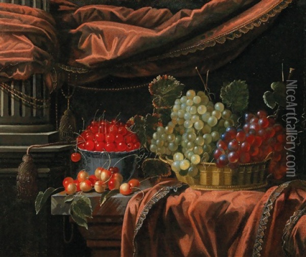A Still Life With Grapes And Cherries Oil Painting - Antoine-Benoit Dubois