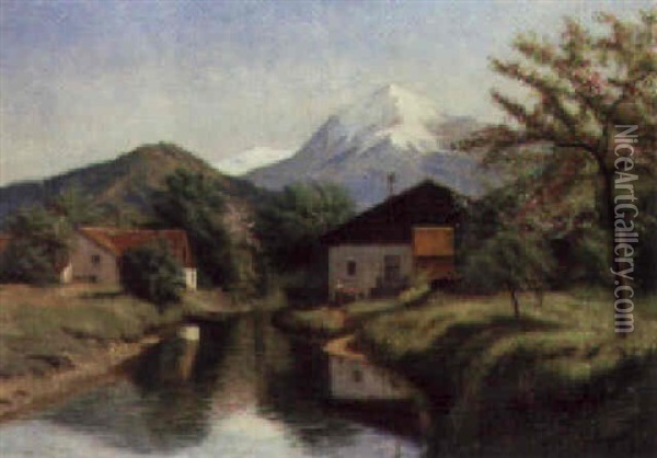 Riverside Chalets In An Alpine Landscape Oil Painting - Edouard Boehm
