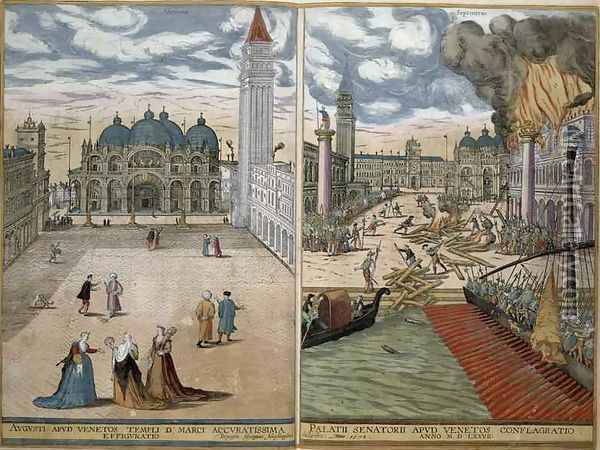 View of San Marco and the Palazzo Ducale on fire from Civitates Orbis Terrarum Oil Painting - Joris Hoefnagel