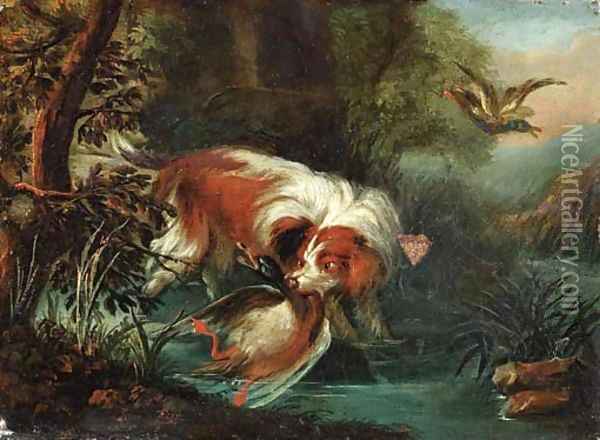 A hunting dog retrieving a mallard Oil Painting - Jan Fyt