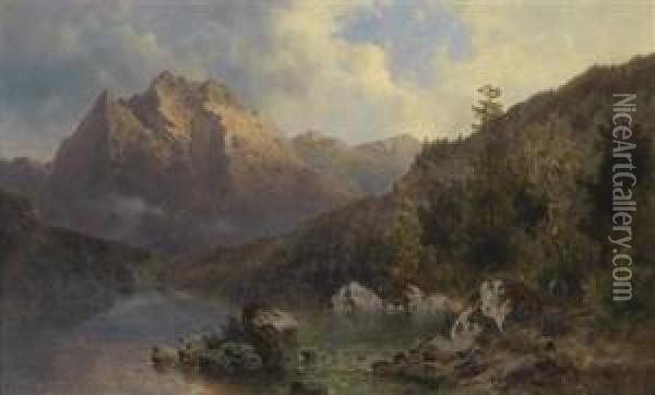 On The Mountain Lake Oil Painting - Josef Thoma