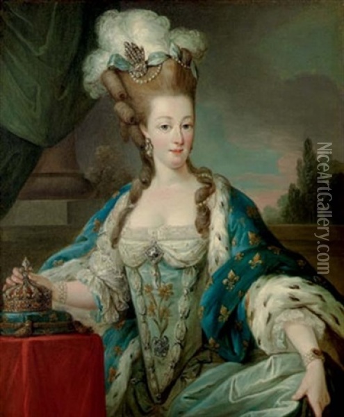 Portrait Of Marie-antoinette, In Coronation Robes, Her Hand On The Crown Oil Painting - Carle van Loo
