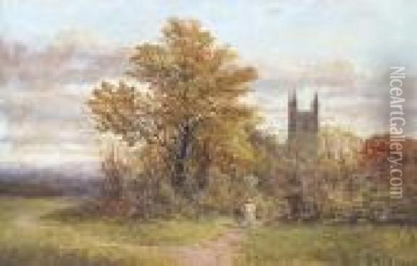 Figures Leaving Church On An Autumn Day Oil Painting - Benjamin Williams Leader