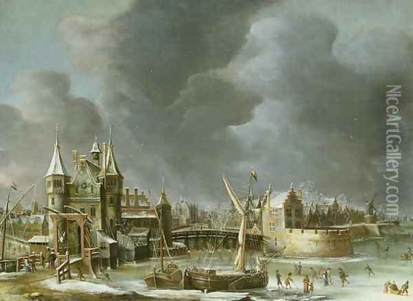 A View of the Regulierspoort, Amsterdam, in winter Oil Painting - Abraham Beerstraten