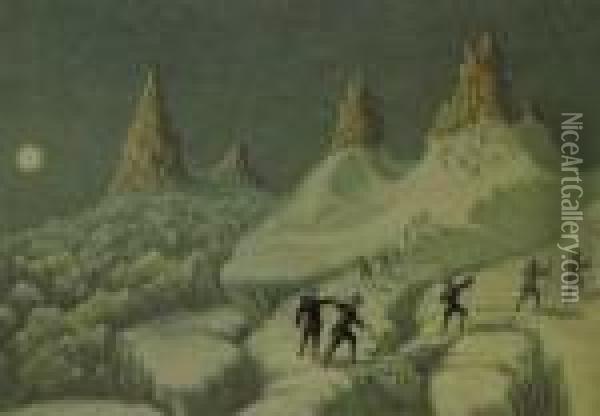 Mountaineering - Four Illustrations Foralbert Smith's The Ascent Of Mont Blanc Oil Painting - George Baxter