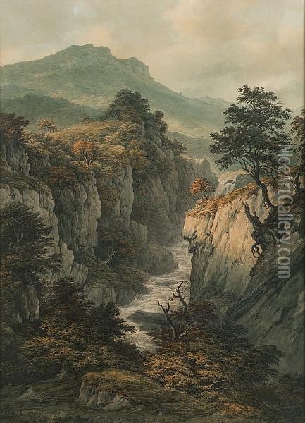 The Gorge Of The River North Esk At Corra Linn, Ben Lomond Beyond, Tasmania, Australia Oil Painting - John Glover