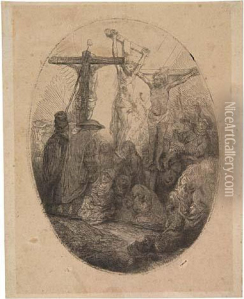 Christ Crucified Between The Two Thieves: An Oval Plate Oil Painting - Rembrandt Van Rijn